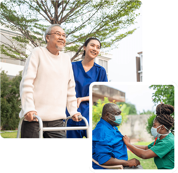 aged African man being checking up by a health worker, Asian young caregiver nurse support senior older male walking outdoors, under hospice support care program