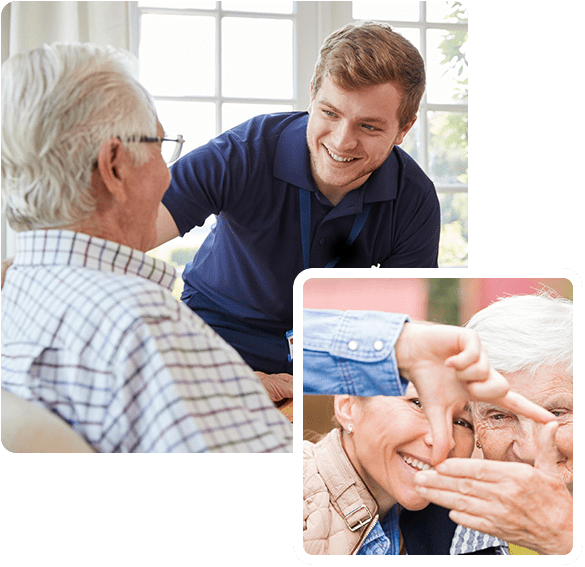 Photo of elderly woman with caretaker, Male care worker serving dinner to a senior man at his home